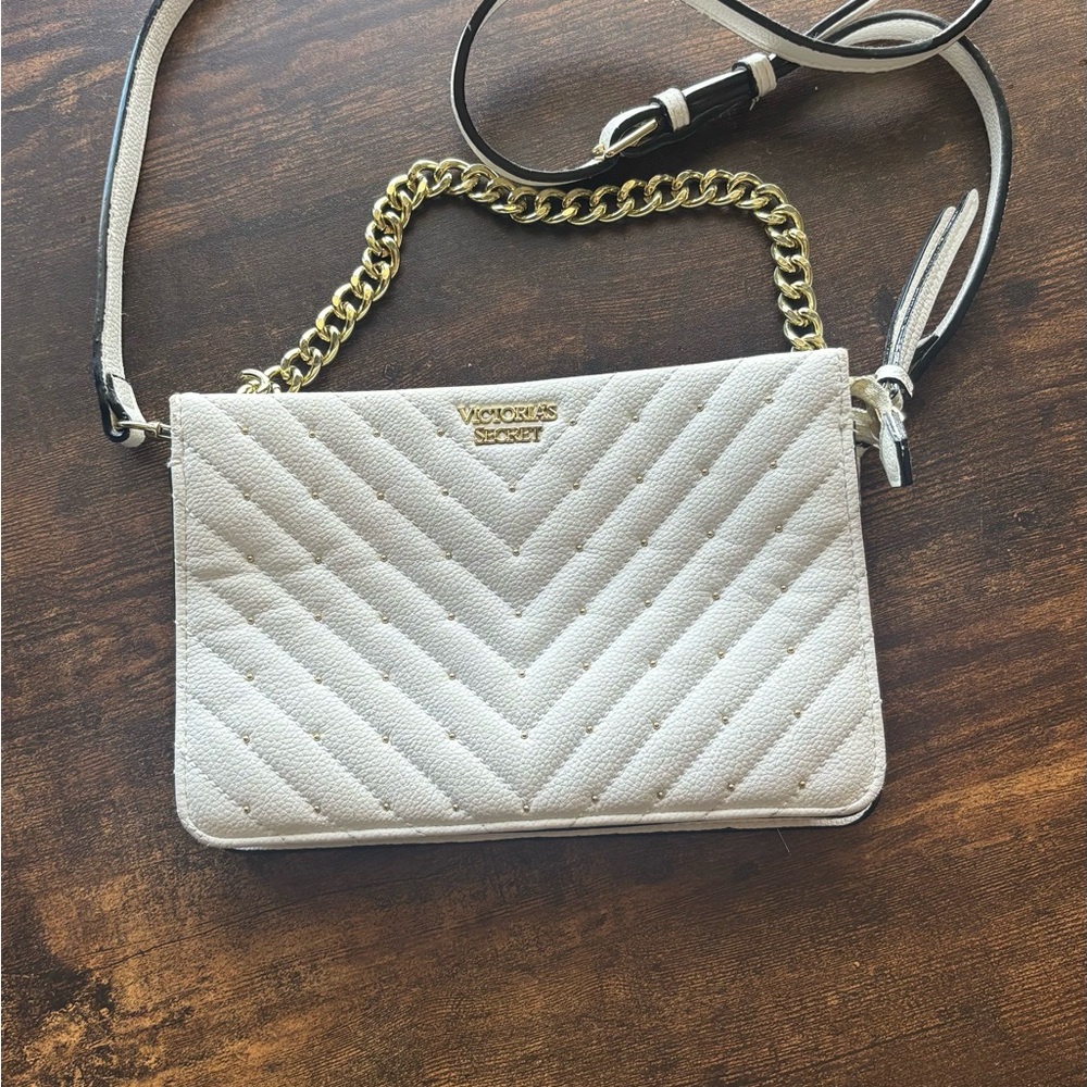 Victoria's Secret Quilted White and Gold Crossbody Bag